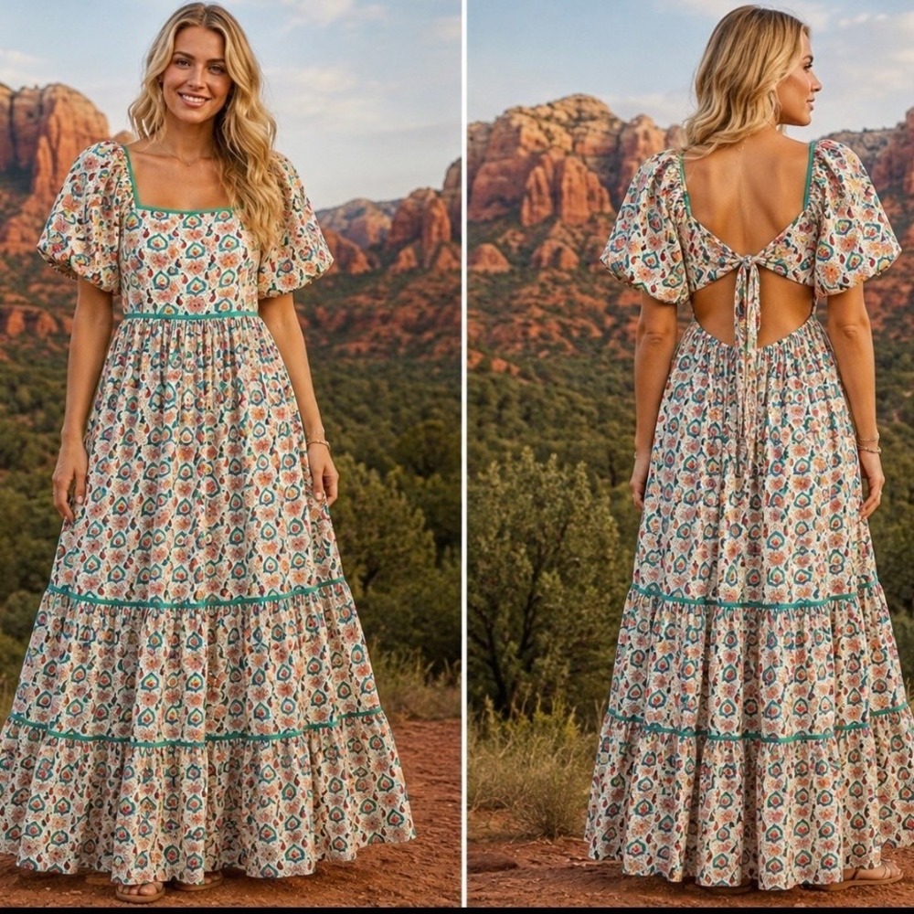 In Loom Maxi Dress M Womens White Green Pink Excellent Design Open Back Tiered